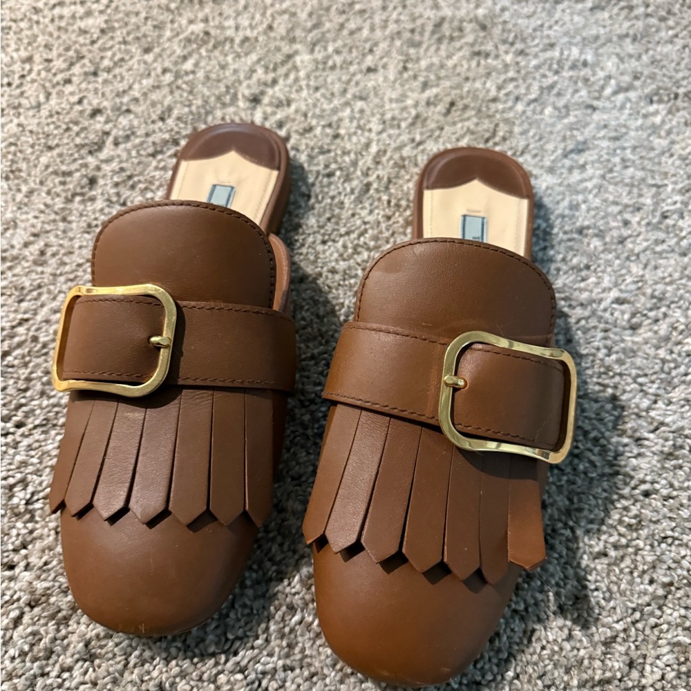 Prada Brown Moccasins with Gold Buckle